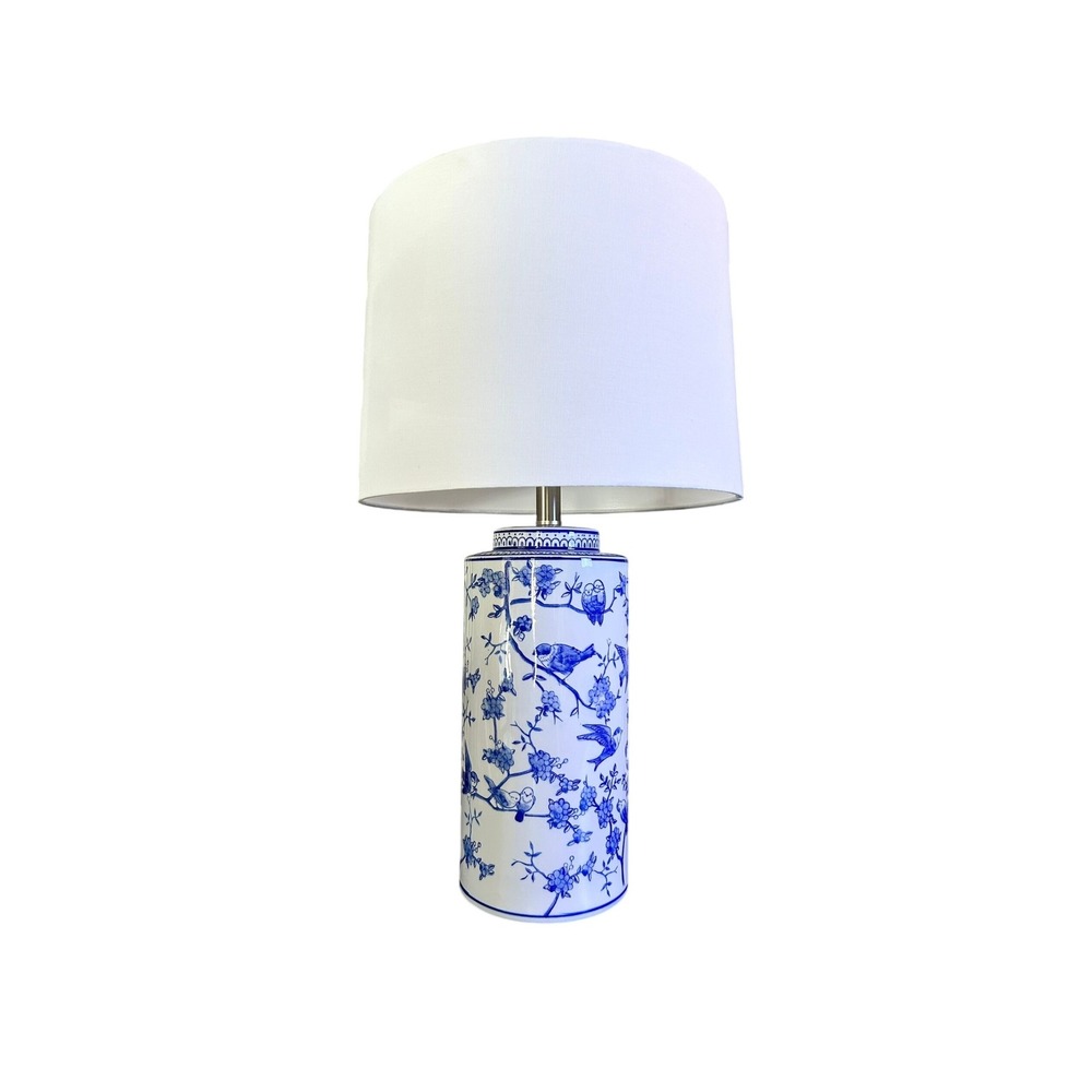 Tall Blue White Chinoiserie Table Lamp Ceramic Bird Floral Ginger Jar 25.5"